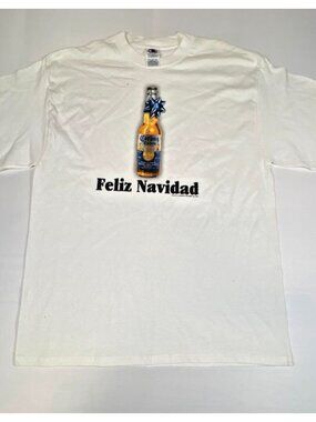 Corona Extra Vintage Men Large White Feliz Navidad Beer Bottle Graphic T-Shirt